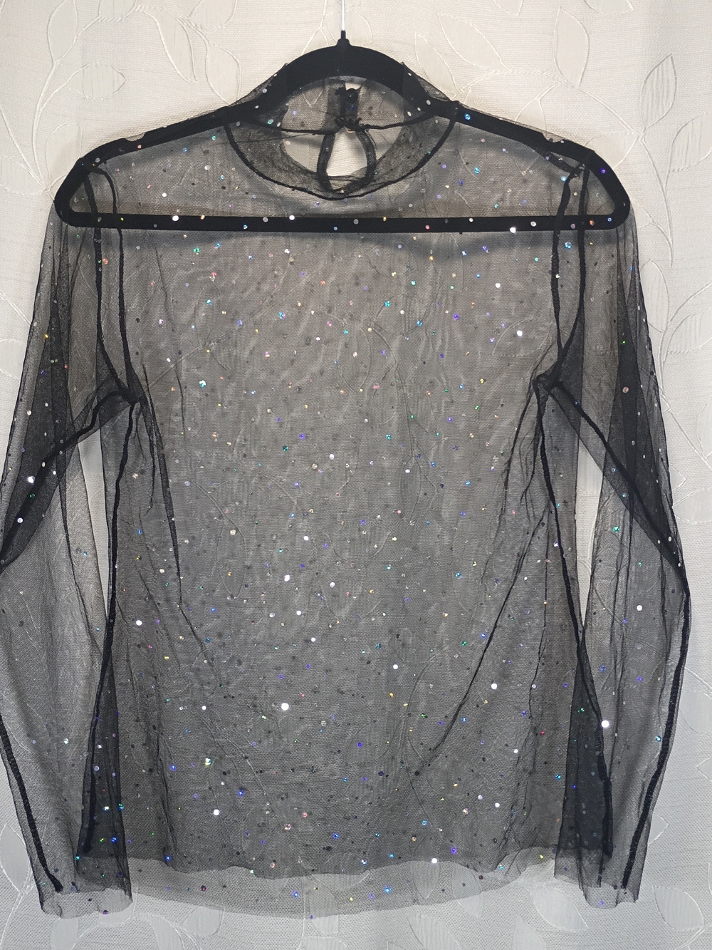 Black Sheer Mesh Sparkle Long Sleeve Top